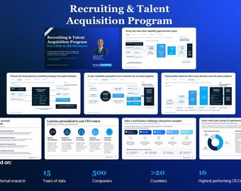 May include: A blue digital presentation titled Recruiting & Talent Acquisition Program for CEOs & HR Directors. It features multiple slides with charts, diagrams, and text detailing hiring strategies, talent pipelines, and business challenges.