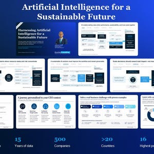 May include: A digital presentation titled Artificial Intelligence for a Sustainable Future, featuring multiple slides with charts, text, and diagrams. The layout includes data points on research sources, years of data, companies, countries, and CEO interviews.