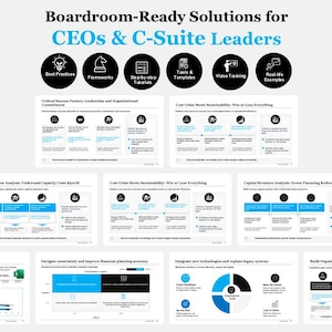 Pode incluir: Gráfico cinza claro com o texto "Boardroom-Ready Solutions for CEOs & C-Suite Leaders". A imagem inclui ícones e texto relacionados a práticas de negócios, estruturas e tutoriais. Vários slides com gráficos e diagramas também são visíveis.