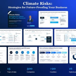Puede incluir: Una presentación digital titulada Climate Risks: Strategies for Future-Proofing Your Business, que incluye varias diapositivas con gráficos, diagramas y texto sobre estrategia corporativa, análisis de datos y liderazgo.