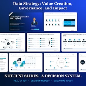 Pode incluir: Uma apresentação digital intitulada Data Strategy: Value Creation, Governance, and Impact, contendo oito slides com gráficos, diagramas e texto. O layout apresenta um fundo azul degradê com o texto NOT JUST SLIDES. A DECISION SYSTEM.