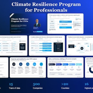 Puede incluir: Una presentación digital titulada Climate Resilience Program for Professionals que incluye varias diapositivas con gráficos, texto y diagramas. El diseño muestra puntos de datos sobre investigación, años de datos, empresas, países y entrevistas a directivos.