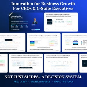 Könnte beinhalten: Eine digitale Präsentation mit dem Titel Innovation for Business Growth For CEOs & C-Suite Executives, bestehend aus einer Reihe weißer Folien mit Diagrammen, Text und Grafiken, die in einer Pyramidenform vor einem blauen Hintergrund angeordnet sind.