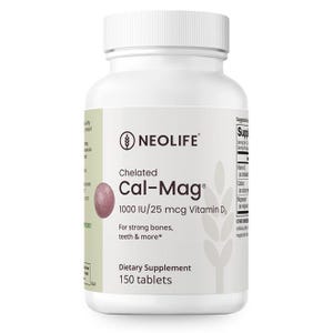 May include: White bottle of Neolife Cal-Mag dietary supplement with 150 tablets. The label says "Chelated Cal-Mag 1000 IU/25 mcg Vitamin D3" and "For strong bones, teeth & more*"