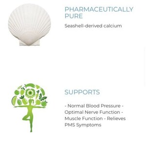 May include: A white seashell with the text "Pharmaceutically Pure Seashell-derived calcium" and a green illustration of a person doing yoga with the text "Supports - Normal Blood Pressure - Optimal Nerve Function - Muscle Function - Relieves PMS Symptoms".