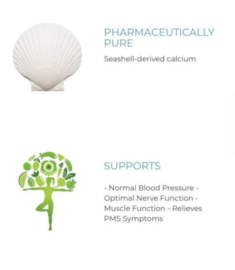 May include: A white seashell with the text "Pharmaceutically Pure Seashell-derived calcium" and a green illustration of a person doing yoga with the text "Supports - Normal Blood Pressure - Optimal Nerve Function - Muscle Function - Relieves PMS Symptoms".