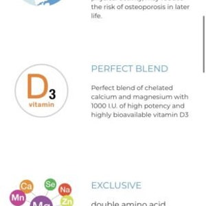 May include: A graphic showing the benefits of calcium and vitamin D3. The graphic includes a blue illustration of a spine, a yellow circle with the text "vitamin D3", and a colorful illustration of various minerals, including magnesium, calcium, and zinc. The text "RESEARCH" is in blue, "PERFECT BLEND" is in black, and "EXCLUSIVE" is in blue.