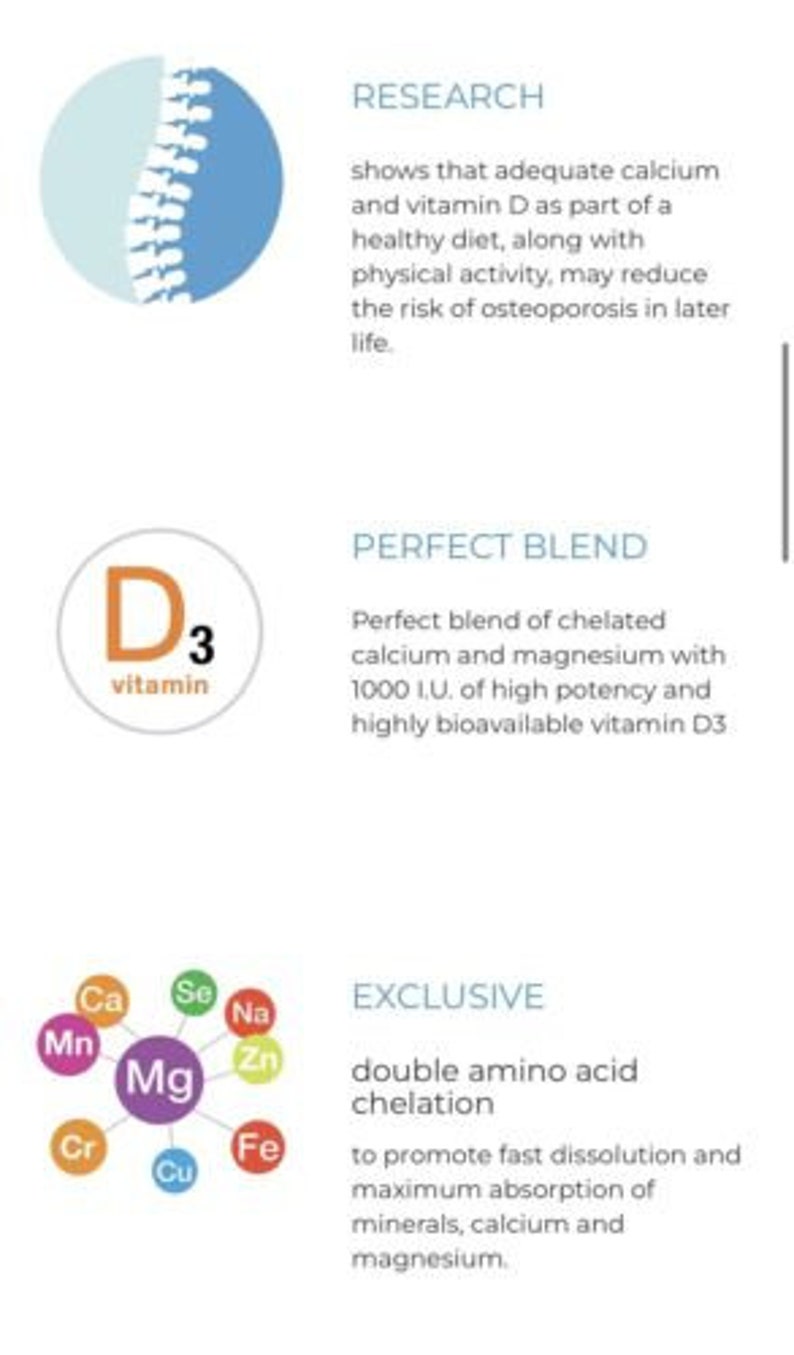 May include: A graphic showing the benefits of calcium and vitamin D3. The graphic includes a blue illustration of a spine, a yellow circle with the text "vitamin D3", and a colorful illustration of various minerals, including magnesium, calcium, and zinc. The text "RESEARCH" is in blue, "PERFECT BLEND" is in black, and "EXCLUSIVE" is in blue.