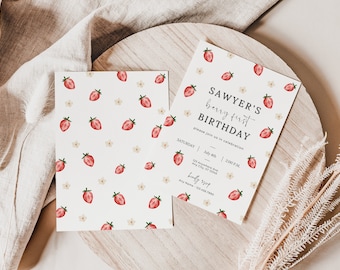 faire-part pour le premier anniversaire d'une petite baie | Invitation moderne aux fraises | Modèle numérique modifiable d'anniversaire aux fraises | Téléchargement instantané