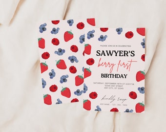 Berry First Birthday Invitation | Modern Strawberry Invitation | Strawberry Birthday Editable Digital Template | Instant Download