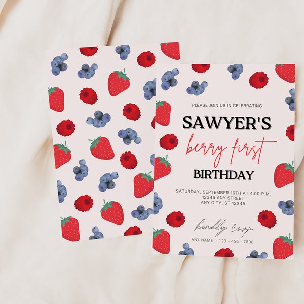 Berry First Birthday Invitation | Modern Strawberry Invitation | Strawberry Birthday Editable Digital Template | Instant Download