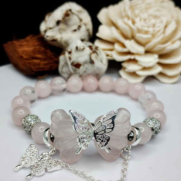 Crystal bracelet, Rose quartz fairy wings butterfly bracelet, gift for her, birthday gifts.