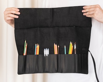 Rouleau de crayons en cuir fait main, rouleau de porte-crayons, étui à crayons personnalisé, étui à crayons en cuir pour artiste, rouleau de pinceau, étui à crayons