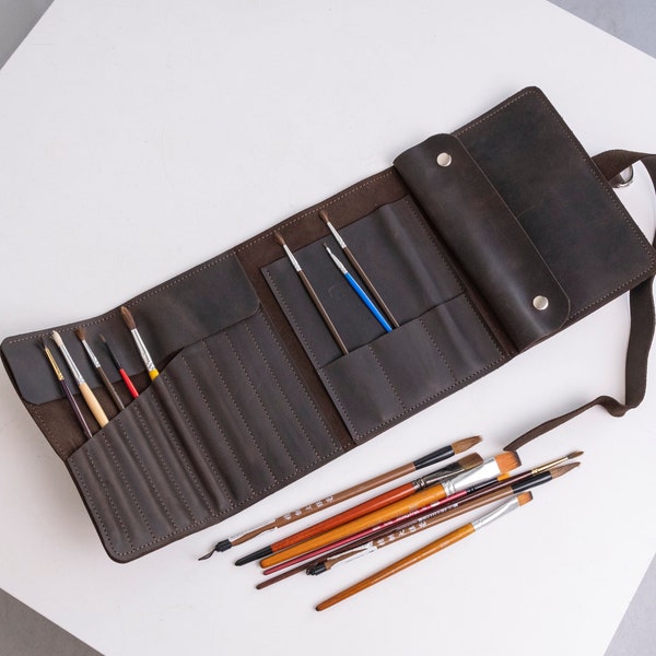 Engraved leather pencil roll,Leather pencil organizer,Leather paint brush roll,Leather brush holder,Leather artist roll,Paintbrush roll up