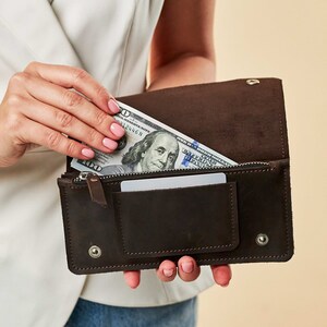 Cartera grande de cuero, Cartera larga grabada, Cartera de cuero con soporte para teléfono, Cartera de cuero con monograma, Cartera de cuero hecha a mano, Cartera personalizada