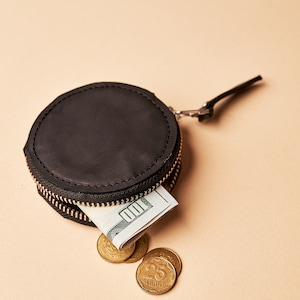 Cartera redonda de cuero personalizada, Monedero redondo, Monedero hecho a mano, Monedero con cremallera, Monedero grabado, Monedero minimalista