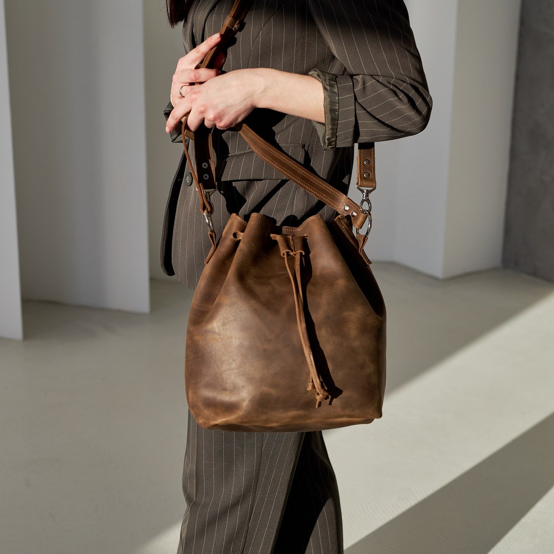Leather Bucket Bag With Drawstrings, Drawstring Purse, Leather Bucket
