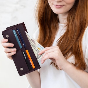 Cartera larga de cuero personalizada, Cartera plegable de cuero genuino, Cartera larga de cuero grabado, Cartera grande para mujer, Cartera larga delgada, Cartera para teléfono