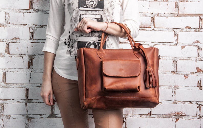 Leather Tote With Trolley Sleeveleather Trolley Bagtrolley - Etsy
