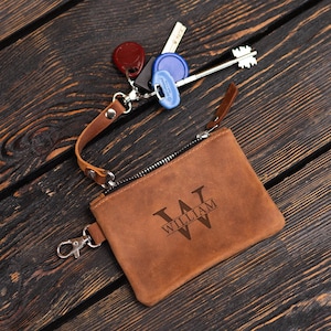 Bolsa de cuero con cremallera para monedero, llavero con monedero de cuero, llavero con monedero personalizado, llavero con billetera de cuero, bolsa pequeña con clip