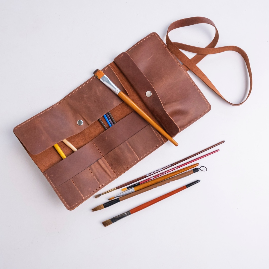 Personalized Leather Artist Roll, Paint Brush Roll Organizer, Leather