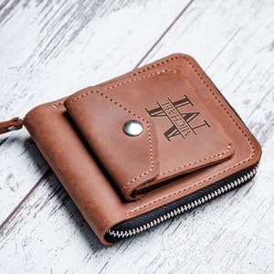 Cartera pequeña de cuero con monedero, Cartera de cuero con cremallera, Cartera con cremallera para hombre, Cartera con cremallera para hombre, Cartera con cremallera personalizada