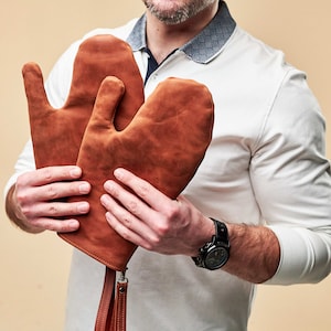 Genuine leather oven mitts, Leather cooking mitts, Grill gloves, Heat resistant leather mitts, BBQ gloves, Grill mitts,Genuine leather mitts