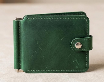 Leather wallet with money clip, Engraved money clip wallet, Slim leather wallet men, Handmade bifold wallet, Custom small bifold wallet