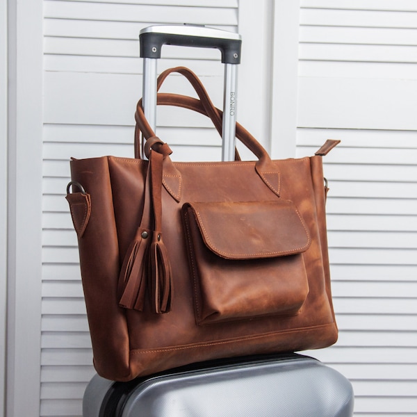 Leather tote with trolley sleeve,Leather trolley bag,Trolley sleeve briefcase,Leather bag with luggage sleeve,Tote bag with leather slip