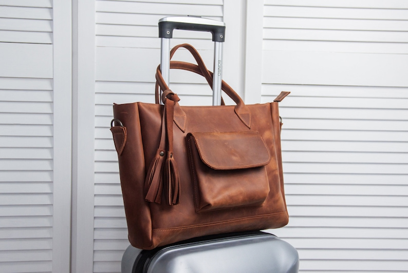Leather Tote With Trolley Sleeveleather Trolley Bagtrolley - Etsy