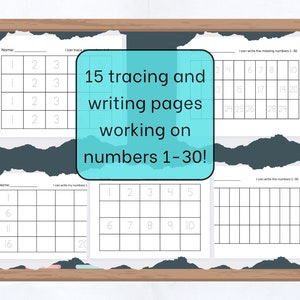May include: A set of 15 printable worksheets for tracing and writing numbers 1-30. The worksheets are designed for preschool and kindergarten students. Each worksheet has a different number range, with lines for tracing and writing the numbers.