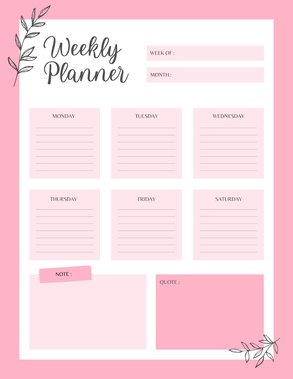 Pink Weekly Planner Bundle | Printable Planner | Digital Download | 6 ...