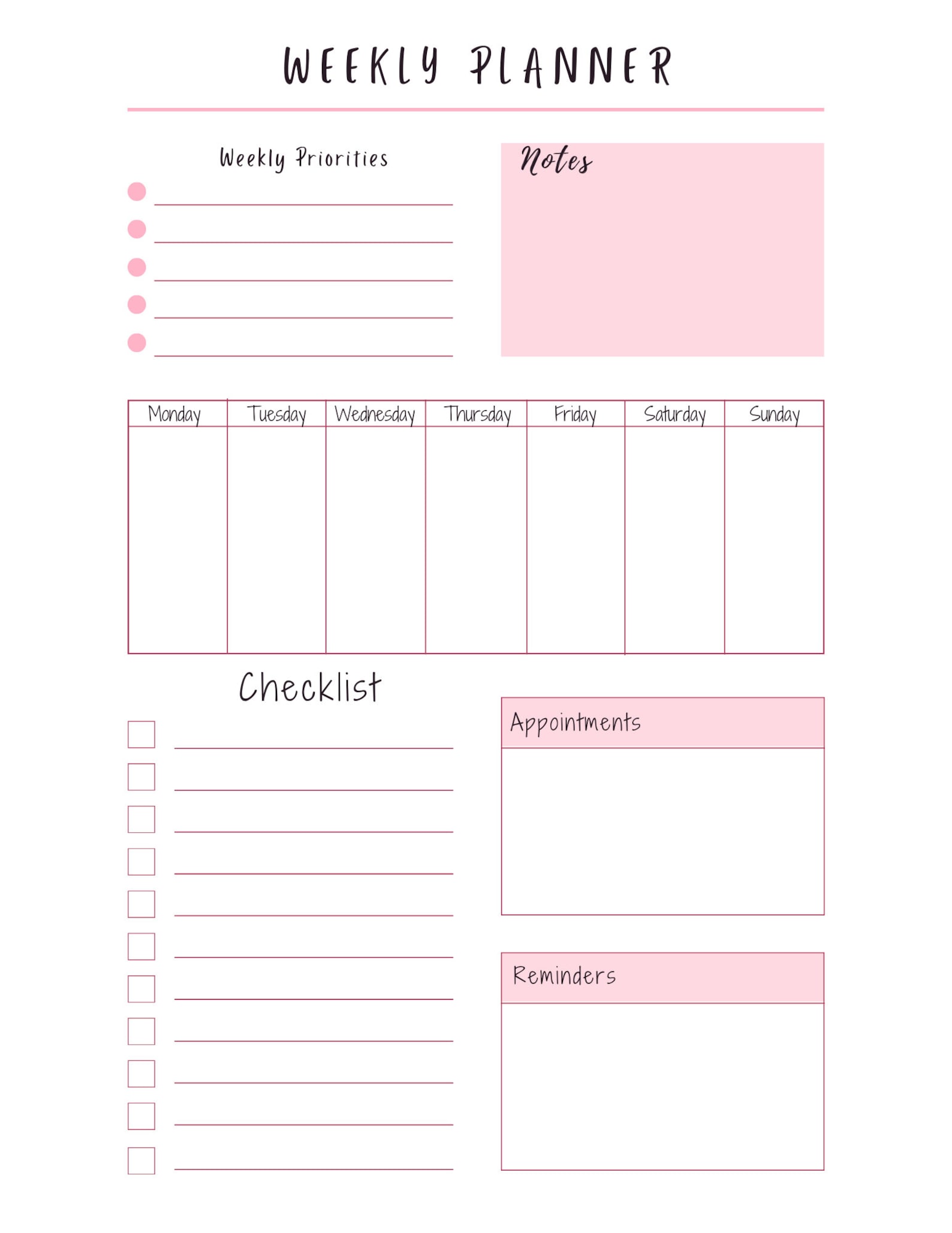 Pink Weekly Planner Bundle | Printable Planner | Digital Download | 6 ...