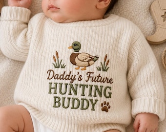 Daddy's Future Hunting Buddy Embroidered Baby Sweater, Woodland Duck Knit Jumper, Little Hunter Pullover, Hunting Baby Shower Gift