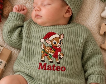 Custom Christmas Reindeer Embroidered Baby Sweater, Deer Santa Hat Lights Knit Jumper, Animal Baby Shower Gift, Winter Outfit Holiday Gift