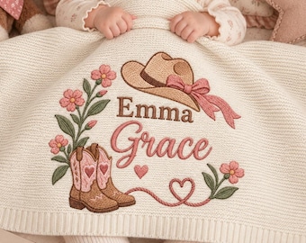 Custom Western Cowgirl Embroidered Knit Baby Blanket, Cowboy Wildflower Hat Boot Throw, Baby Shower Girl Gift, Welcome Baby Keepsake