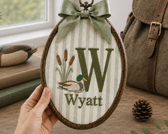 Personalized Mallard Duck Initial Embroidered Oval Hoop, Custom Woodland Baby Name Sign, Baby Announcement, , Oval Hoop Wall Art Gift