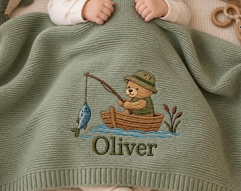 Personalized Bear Fishing Embroidered Knit Baby Blanket, Fishing Rod Fish Welcome Baby Blanket,  Outdoor Fishing River Bass Keepsake Gift