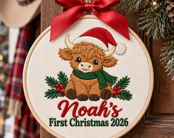 Personalized Highland Cow Christmas  Embroidered Hoop, Farm Animal Ornament, Custom Name Holiday Keepsake, Baby Gift, Newborn Gift