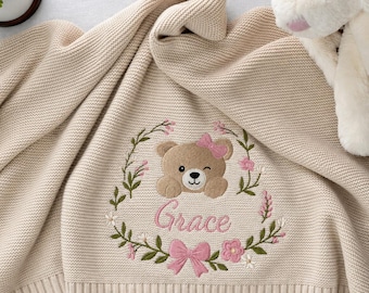 Personalized Embroidered Teddy Bear Baby Blanket, Woodland Nursery Keepsake, Custom Name Pink Bow Wink Bear, Baby Gift for Girl