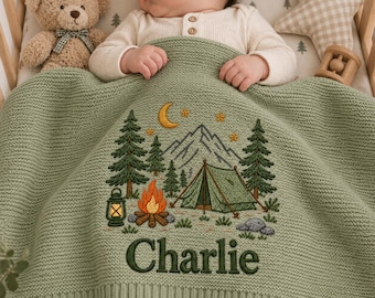 Custom Camping Embroidered Knit Baby Blanket, Western Pine Trees Campfire Knit Throw, Mountains Nursery Keepsake, Baby Shower Gift