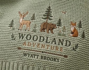 Personalized Woodland Embroidered Knit Baby Blanket, Custom Forest Animals Baby Quilt, Deer Bear Fox Keepsake, Little Hunter Nursery Gift