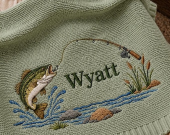 Personalized Trout Fishing Embroidered Knit Baby Blanket, Outdoor Fishing Rod Throw, Fishing River Bass Nursery Keepsake, Baby Shower Gift