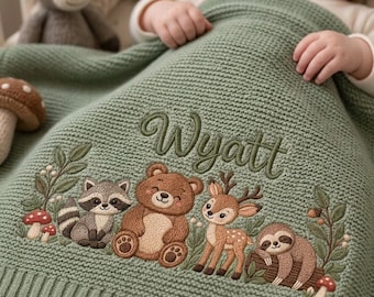 Personalized Woodland Animal Embroidered Knit Baby Blanket, Raccoon Bear Deer Knit Throw, Forest Animal Nursery Keepsake, Baby Shower Gift