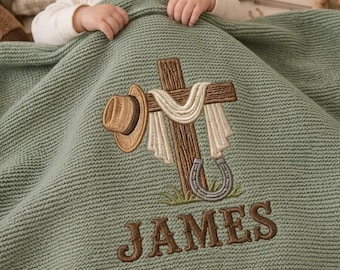 Personalized Cowboy Baptism Embroidered Knit Baby Blanket, Floral Cross Hat Boot Throw, Western Baby Shower Gift, Welcome Baby Keepsake