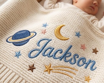 Personalized Astronaut Rocket Embroidered Nursery Blanket, Custom Name Moon Stars Throw, Solar System Outer Space Blanket, Baby Boy Gift