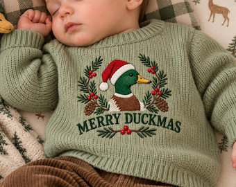 Merry Duckmas Christmas Embroidered Knit Baby Sweater, Mallard Duck Christmas Jumper, Holiday Outfit, Newborn Gift, Coming Home Outfit