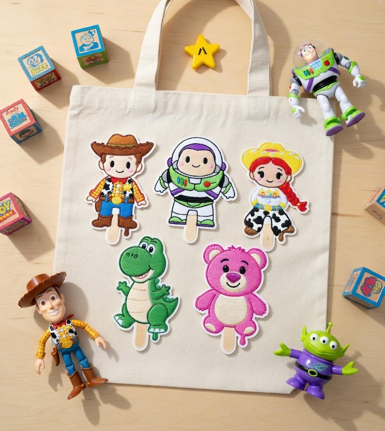 K&ouml;nnte beinhalten: Eine cremefarbene Canvas-Tragetasche mit aufgestickten Charakteraufn&auml;hern von Woody, Buzz Lightyear, Jessie, Rex, Lotso und einem Alien. Spielzeug und Bl&ouml;cke zum Thema Toy Story umgeben die Tasche.