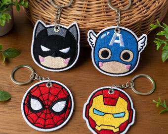 Comic Hero Embroidered Keychain Set, Spider Man Iron Man Captain America Keychain, Retro Superhero Keyring, Geek Movie Fan Gift