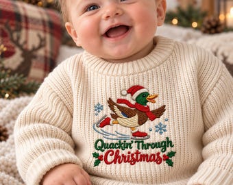 Mallard Duck Ice Skating Embroidered Baby Sweater, Quackin Through Christmas Hunting Holiday, Ducks Santa Knit Jumper, Xmas Baby Shower Gift